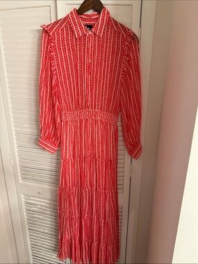The Kooples Red Printed Long-Sleeve Tiered Maxi Dress